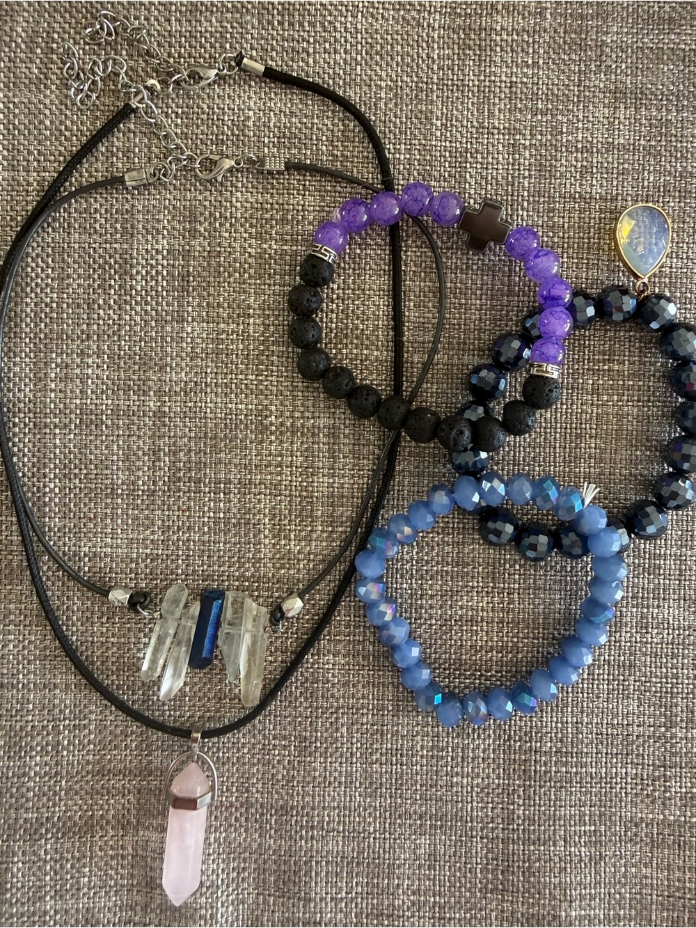 Crystals Purple and Blue Necklaces & Beaded Bracelet Set